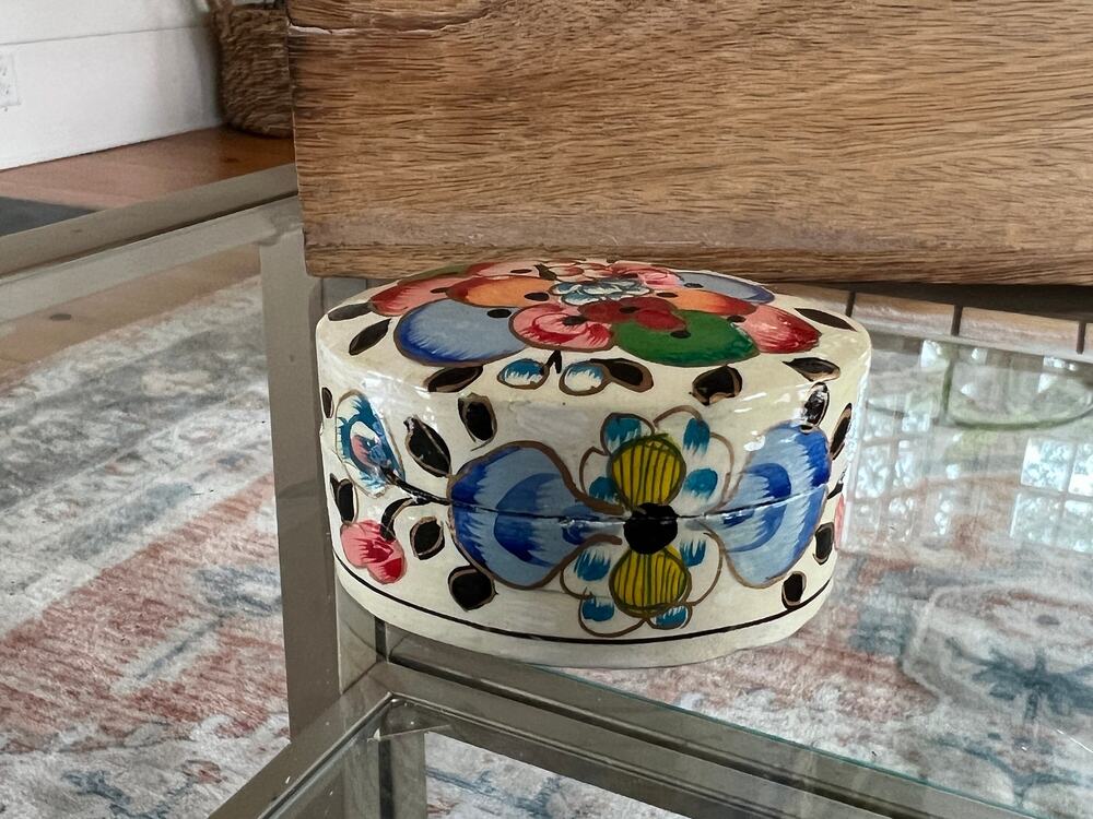 Vintage Lacquered Floral Wooden Box Hand Painted Jewelry Trinket Holder